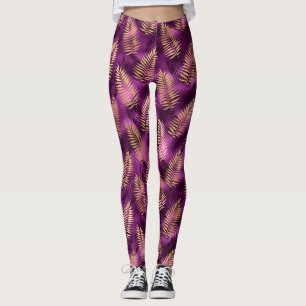 Stilvolle Lila und Gold Tropical Dschungel-Blätter Leggings