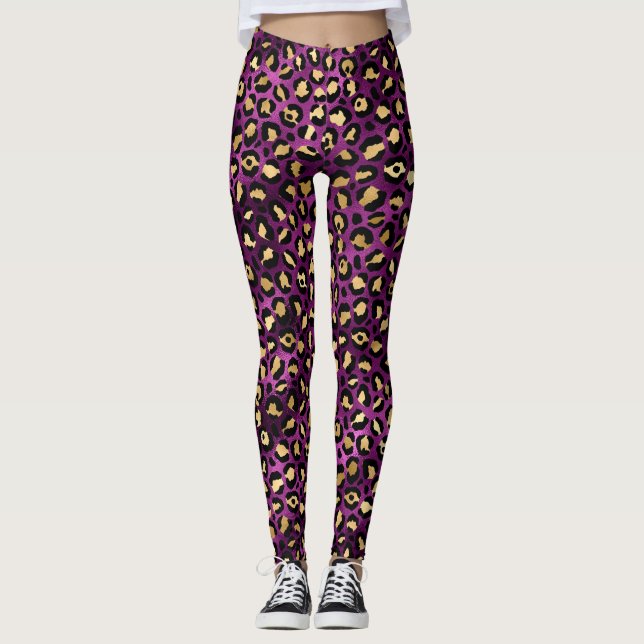 Stilvolle Lila und goldene Foil Leopard-Schnitte Leggings (Vorderseite)