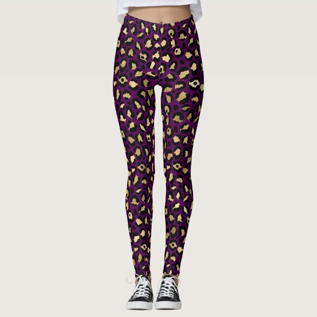 Stilvolle Lila und goldene Foil Leopard-Schnitte Leggings (Vorderseite)