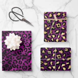 Stilvolle lila und goldene Folien-Leopardenflecken Geschenkpapier Set