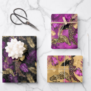 Stilvolle Lila und goldene Leoparden- und Frauensa Geschenkpapier Set