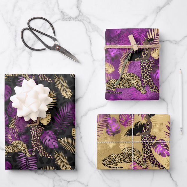 Stilvolle Lila und goldene Leoparden- und Frauensa Geschenkpapier Set (Vorderseite)