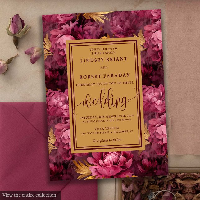 Stilvolle Lux Marsala Gold Rose Einladung Hochzeit (Stylish Lux Marsala Gold Roses Wedding Invitation)