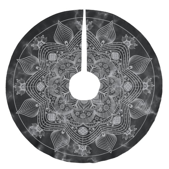 Stilvolle Marble Black and White Floral Mandala Polyester Weihnachtsbaumdecke (Vorderseite)