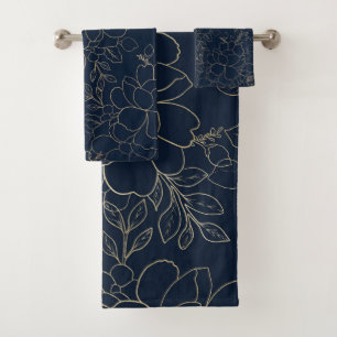 Stilvolle Marineblau-Goldhand gezeichnetes Blumen Badhandtuch Set