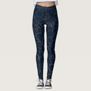 Stilvolle Marineblau-Goldhand gezeichnetes Blumen Leggings