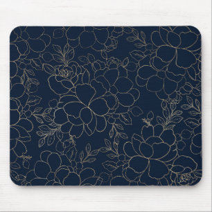 Stilvolle Marineblau-Goldhand gezeichnetes Blumen Mousepad