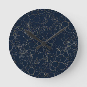 Stilvolle Marineblau-Goldhand gezeichnetes Blumen Runde Wanduhr