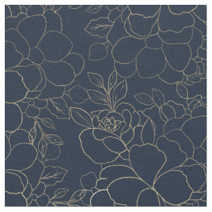 Stilvolle Marineblau-Goldhand gezeichnetes Blumen Stoff
