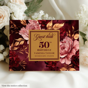 Stilvolle Merlot Blush Gold Floral 50. Geburtstag Gästebuch
