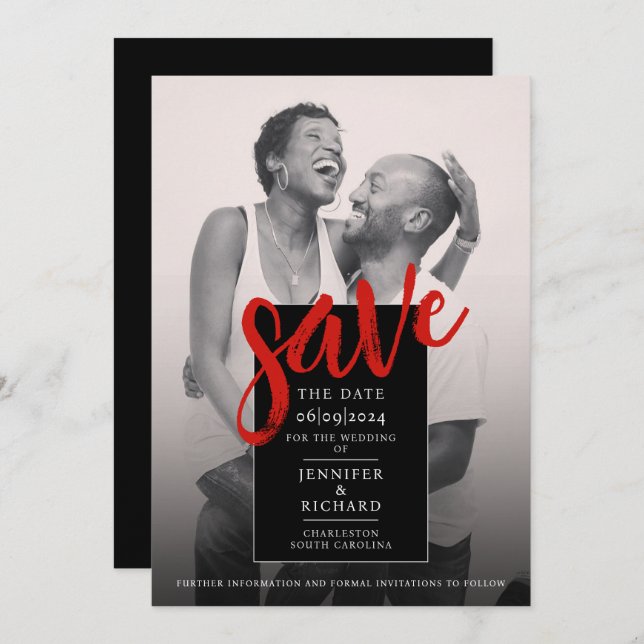 Stilvolle Minimal Chic Rot und Black Foto Hochzeit Save The Date (Vorne/Hinten)