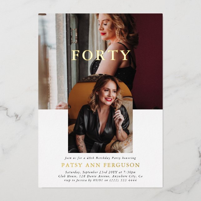 Stilvolle Minimal Foto FORTY 40. Geburtstag Folieneinladung (Vorderseite)