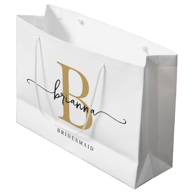 Stilvolle Minimal White Gold Monogram Girly Script Große Geschenktüte (Vorderseite Schrägansicht)