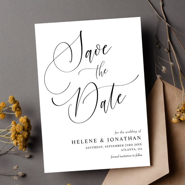 Stilvolle Minimalistische Schwarz-weiße Hochzeit Save The Date (Stylish Minimalist Black White Elegant Wedding Save The Date)
