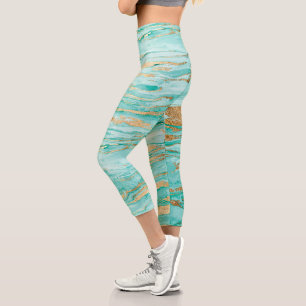 Stilvolle Mint Gold Abstrakt Marble Liquid Paint Capri Leggings