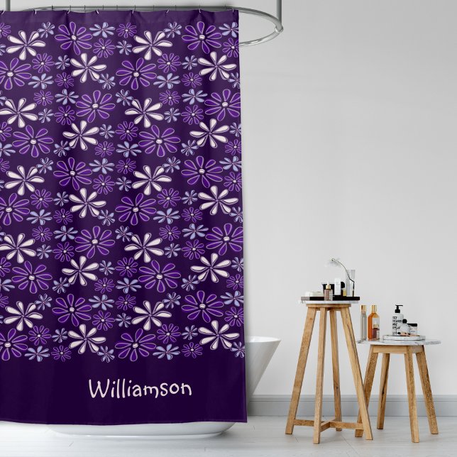Stilvolle Mit Monogramm dunkle Lila Blume Doodle Duschvorhang (Stylish Monogrammed Dark Purple Flower Doodle Shower Curtain)