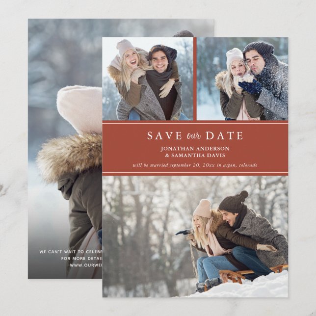 Stilvolle Modern Foto Collage Terracotta auf dem M Save The Date (Vorne/Hinten)
