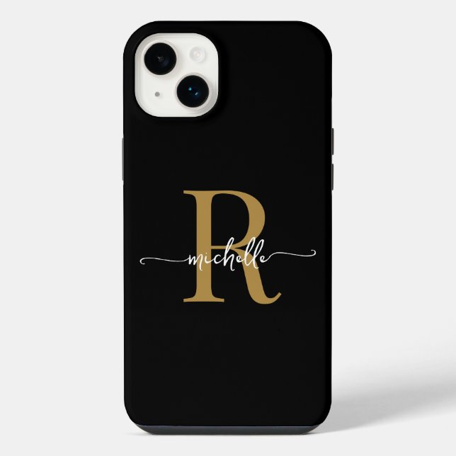 Stilvolle, moderne Black-Gold-Script Monogram iPhone Hülle (Rückseite)