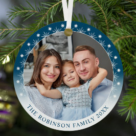 Stilvolle, moderne, doppelseitige Zwei-Foto-Schnee Ornament Aus Metall
