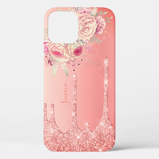 Stilvolle, moderne Glitzer-Tropfen mit rosa Blumen Case-Mate iPhone Hülle (Rückseite)