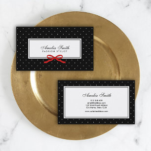 Stilvolle moderne Schwarz & Weiß Polka Dot Red Ri Visitenkarte