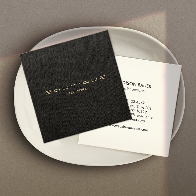 Stilvolle moderne Schwarze Linen Beruflich Quadratische Visitenkarte (Von Creator hochgeladen)