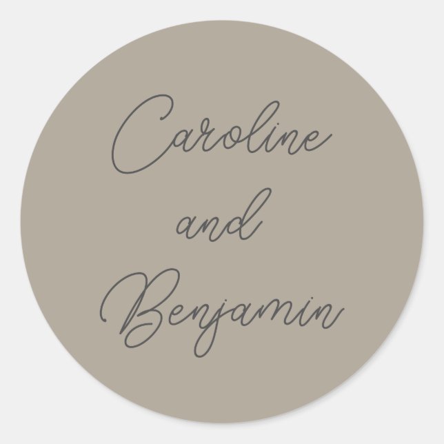Stilvolle moderne Script Wedding Names Taupe Gray Runder Aufkleber (Vorderseite)