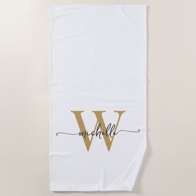 Stilvolle, moderne White Gold Monogram Name Script Strandtuch (Vorderseite)