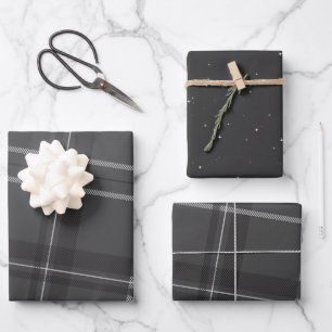 Stilvolle monochrome, grau karierte Sterne Geschenkpapier Set