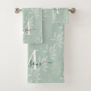 Stilvolle Monogram Aquamarine botanische Blätter F Badhandtuch Set