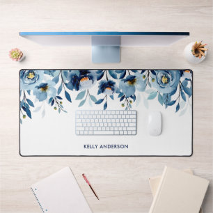 Stilvolle Monogram Blue Watercolor floral Schreibtischunterlage