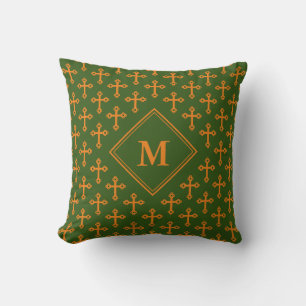 Stilvolle Monogram CROSS Green Orange Kissen