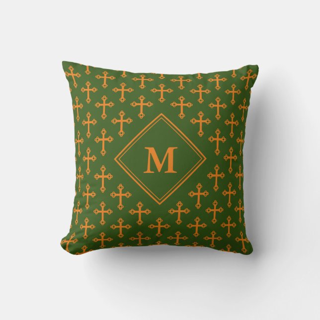 Stilvolle Monogram CROSS Green Orange Kissen (Vorderseite)