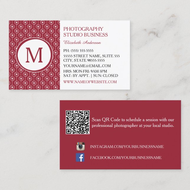 Stilvolle Monogram-Fotografen aus Rot und Weiß Her Visitenkarte (Vorne/Hinten)