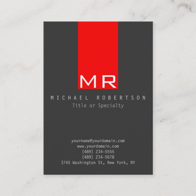 Stilvolle Monogram Gray Red Clean Business Card Visitenkarte (Vorderseite)