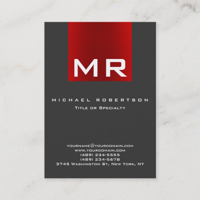 Stilvolle Monogram Gray Red Modern Business Card Visitenkarte (Vorderseite)