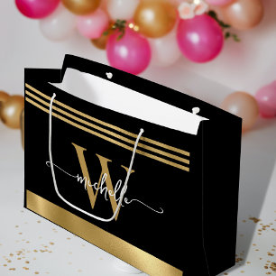 Stilvolle Monogram Initial Script Black Gold Sripe Große Geschenktüte
