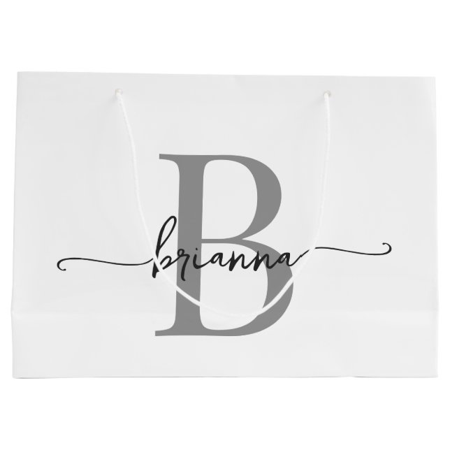 Stilvolle Monogram Initial Script Modern White Gra Große Geschenktüte (Rückseite)