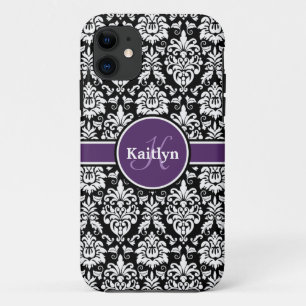 Stilvolle Monogram Lila Schwarz-weiße Damaske Case-Mate iPhone Hülle