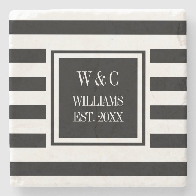 Stilvolle Monogram Schwarz-weiß Stripe Steinuntersetzer (Vorderseite)