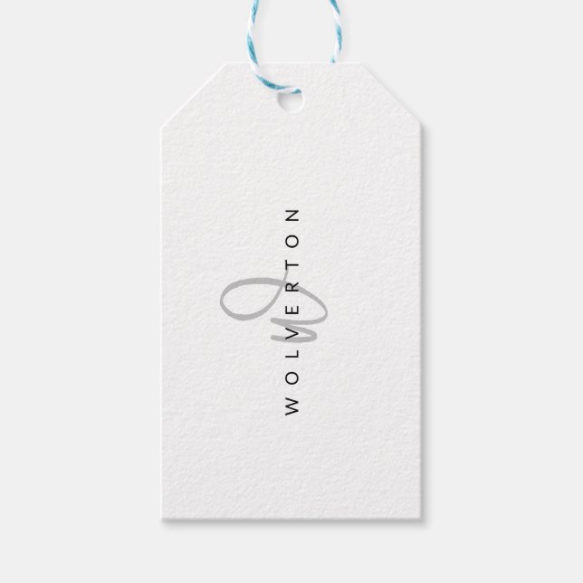 Stilvolle Monogram-Schwarz-weiße Elegant-Skriptbez Geschenkanhänger (Vorderseite)