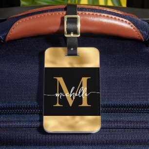 Stilvolle Monogram Script Black and Gold Metallic Gepäckanhänger