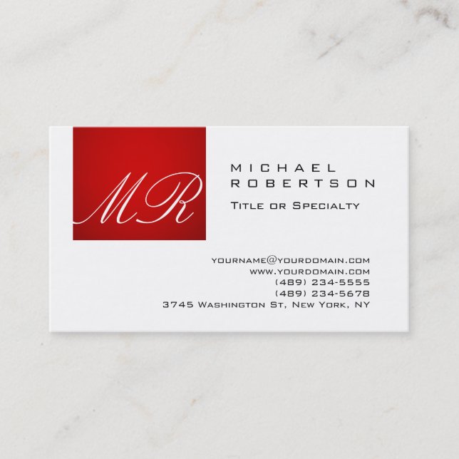 Stilvolle Monogram Script White Red Business Card Visitenkarte (Vorderseite)
