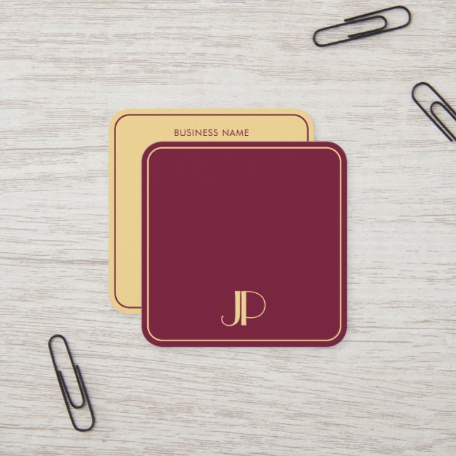 Stilvolle Monogram Template Luxury Bordeaux und Go Quadratische Visitenkarte (Vorderseite/Rückseite Beispiel)