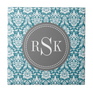 Stilvolle Monogram Trio Aquamarin Damask Fliese
