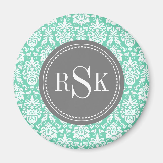Stilvolle Monogram Trio Mint Damask Magnet (Vorne)