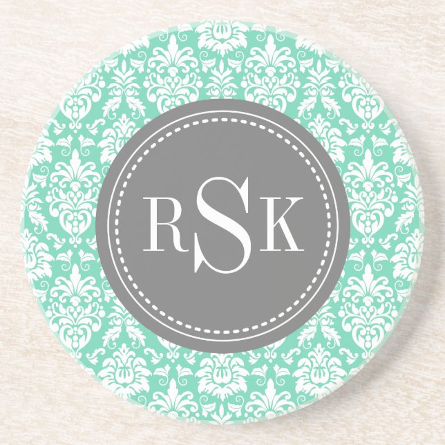 Stilvolle Monogram Trio Mint Damask Untersetzer (Vorne)