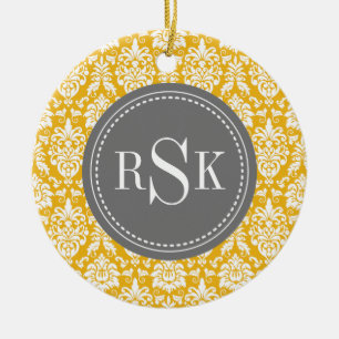 Stilvolle Monogram Trio Yellow Damask Keramikornament