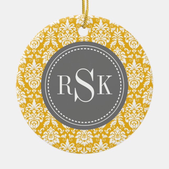Stilvolle Monogram Trio Yellow Damask Keramikornament (Vorne)