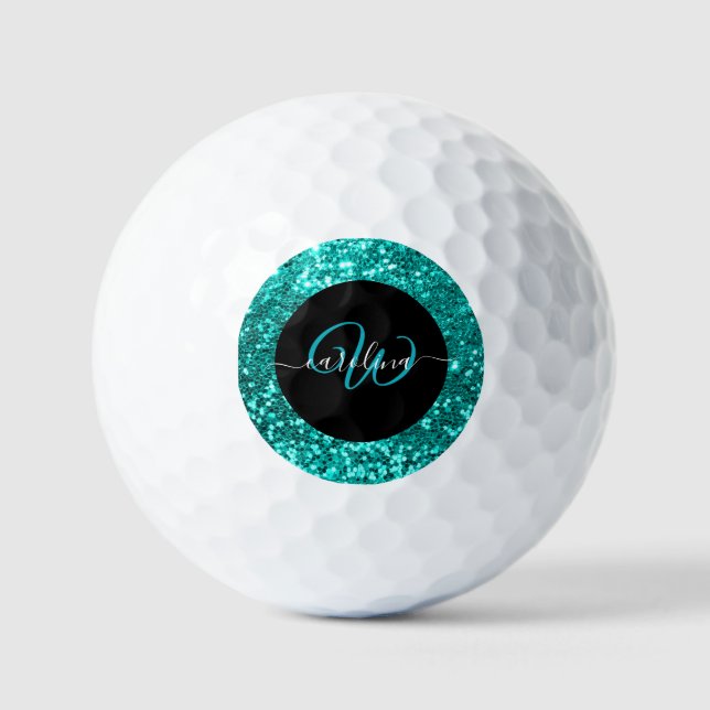 Stilvolle Monogramm-Aqua-aquamariner Glitzer Golfball (Vorderseite)